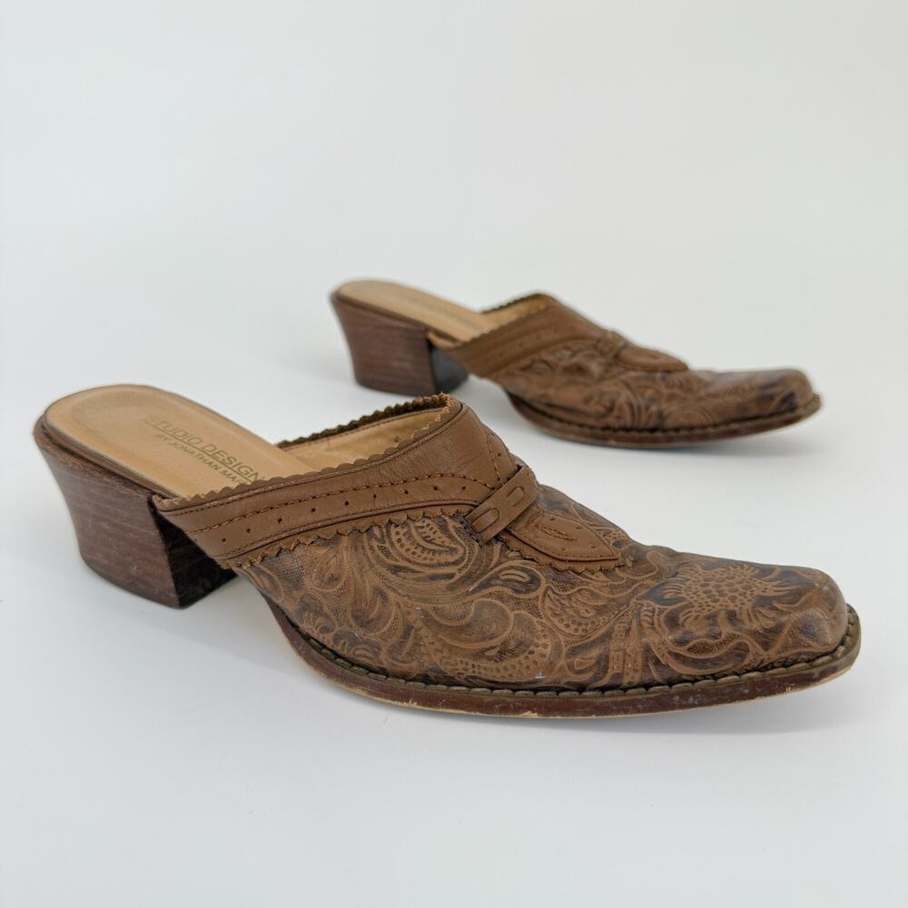 Vtg Y2K Tooled Western Mules Size 6 Studio Designs Calida Slip On Heels Cowgirl